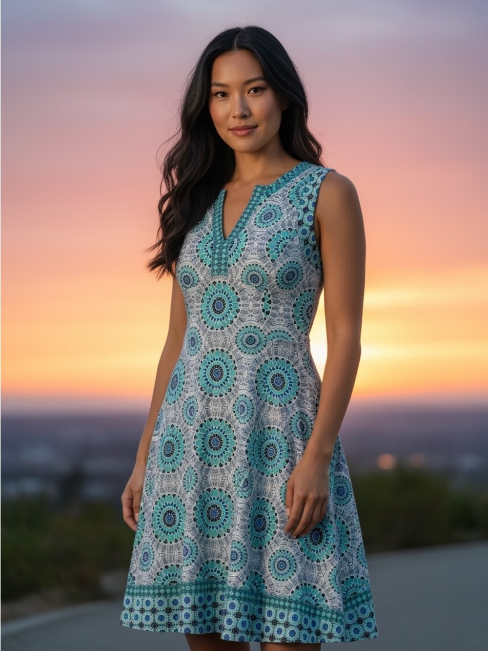 Liz Claiborne Teal and Blue Medallion V‑Neck A-Line Dress